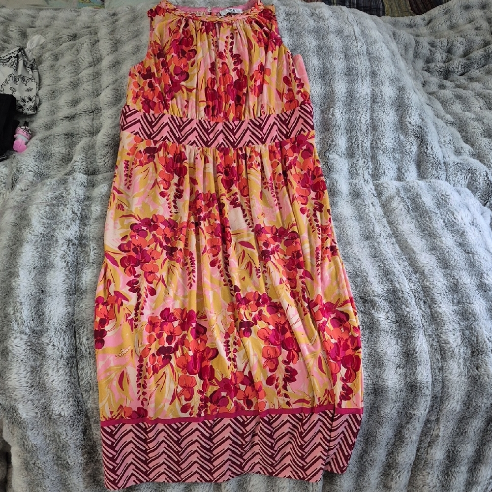 Wisp 🖤 Pink and Yellow Pleated Tiered Maxi Dress (531)